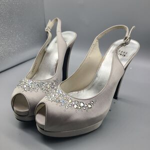 Stuart Weitzman Heels Platform Misty Satin Rhinestone Peeptoe Wedding Party sz 7